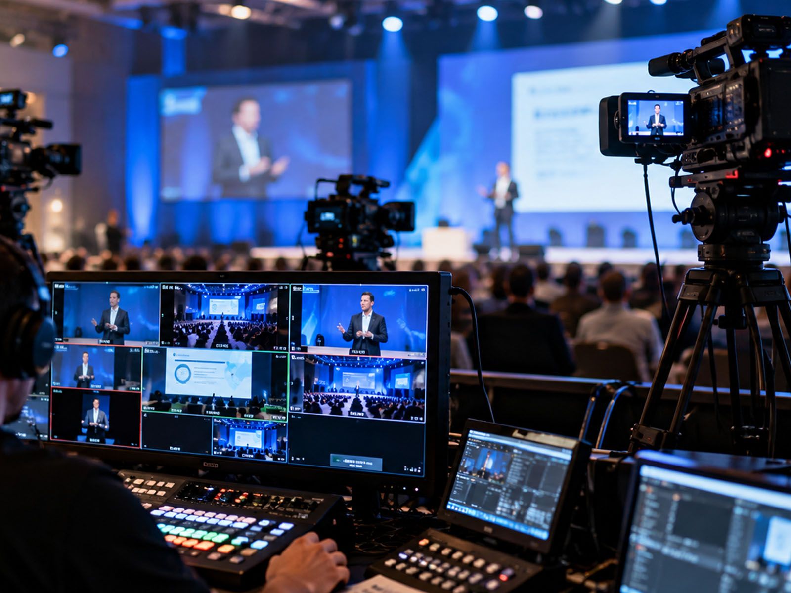 Mesa de realización multicámara con monitores y cámaras en un congreso retransmitido en streaming por Burcode
