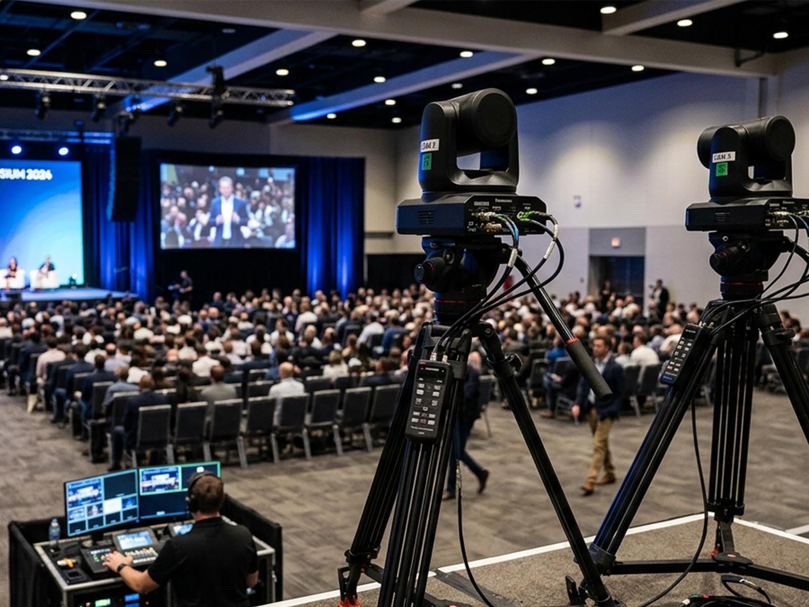 Cámaras robotizadas de Burcode sobre trípode grabando un evento corporativo con público en un auditorio