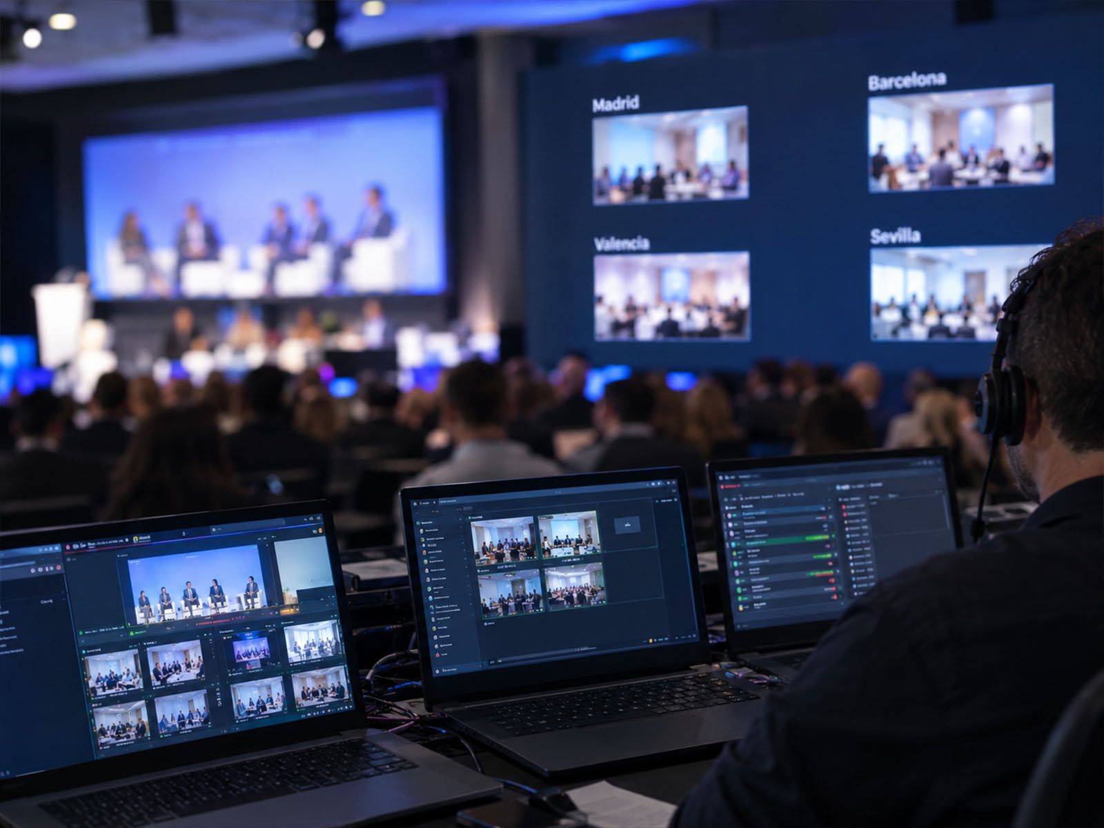 Pantalla con las sedes de Madrid, Barcelona, Valencia y Sevilla conectadas en directo durante un evento híbrido