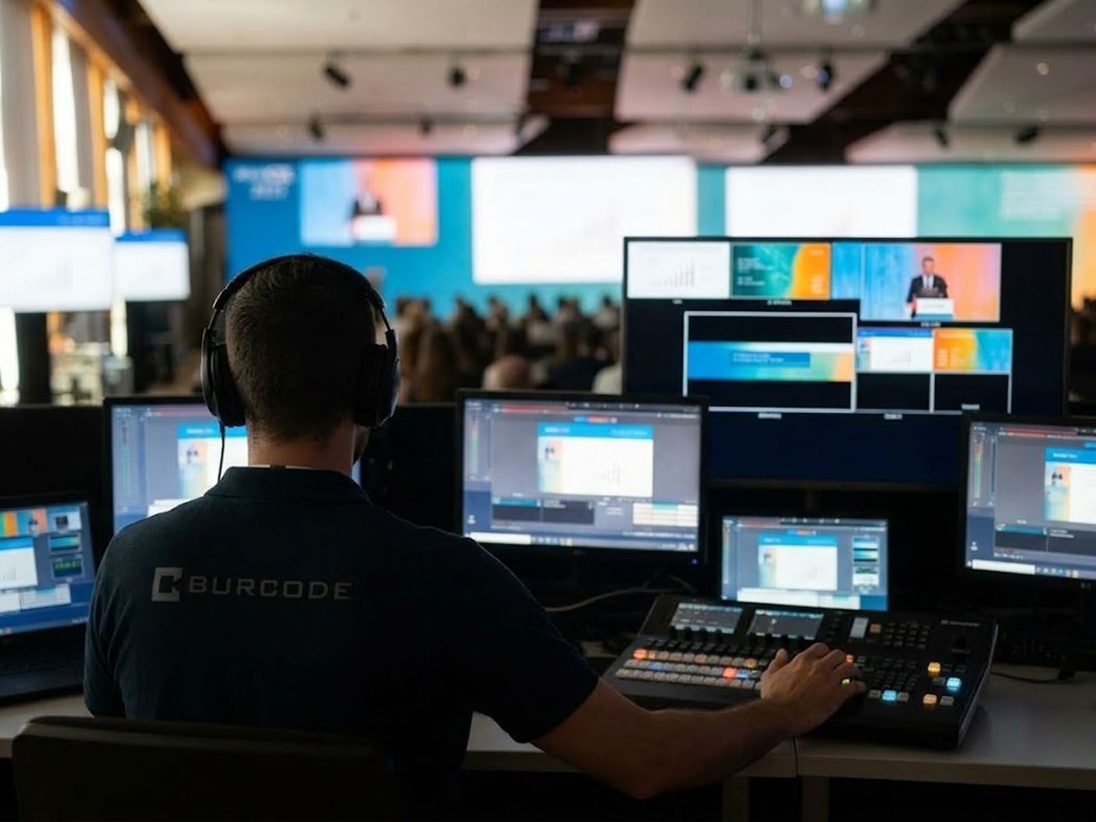Técnico de Burcode en la mesa de realización durante un evento retransmitido en directo